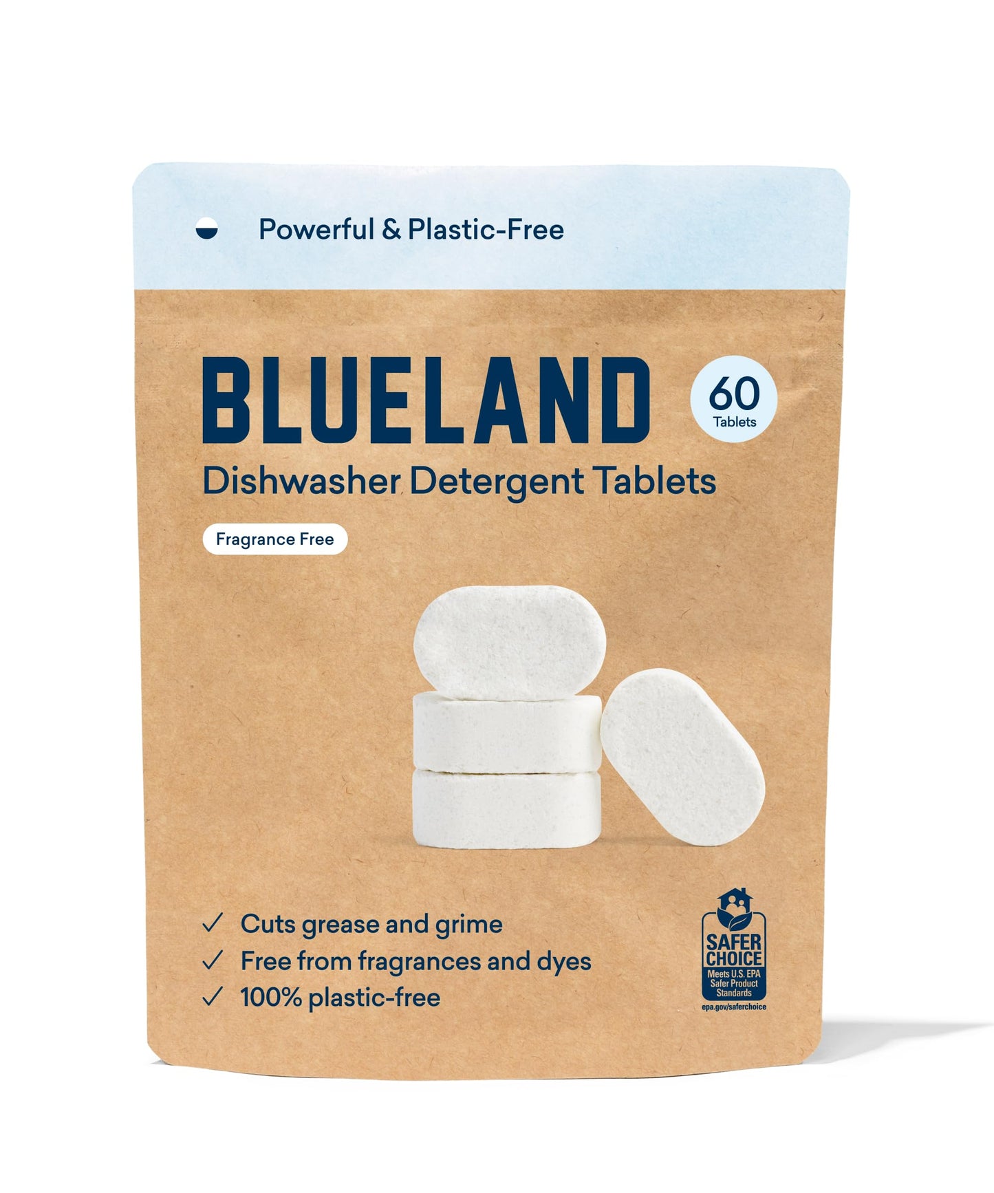 BLUELAND 100% Plastic-Free Dishwasher Detergent Tablets, 60 Count, Unscented Eco Friendly Dishwashing Pods, Natural, Sustainable