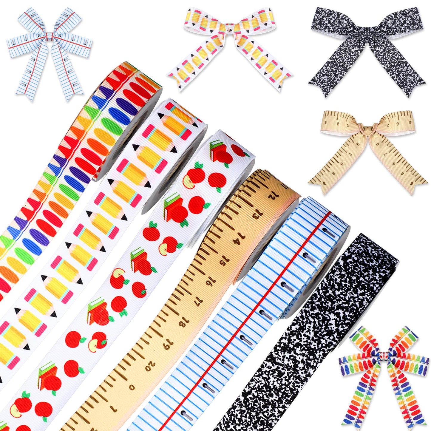 6 Pcs School Ribbons for Crafting 30 Yards Back to School Teacher Grosgrain Ribbons Ruler Ribbon Pencils Apples Book Crayon Craft Teacher Appreciation Craft DIY Supplies (0.39 Inches)