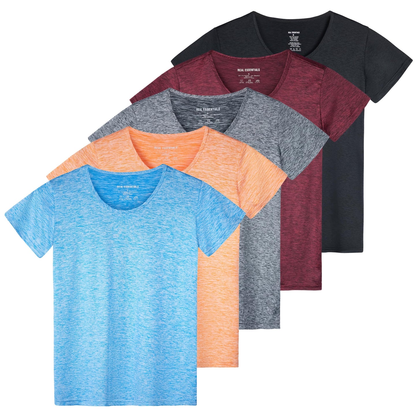 Real Essentials Womens Quick Dry Fit Dri Fit Active Wear Yoga Workout Athletic Tops Running Gym Exercise Ladies Short Sleeve Crew Scoop Neck Moisture Wicking Tees T-Shirt, Set 2, XL, Pack of 5