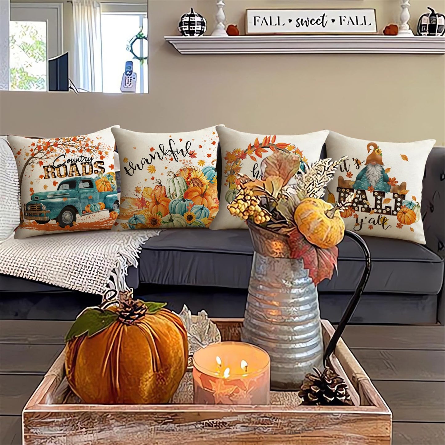 NIGHTWISH Fall Pillow Covers 18x18 Set of 4 Thanksgiving Farmhouse Decorations Teal Truck Gnome Outdoor Fall Decor Throw Pillow Covers Thankful Pumpkins Harvest Autumn Cushion Case for Sofa Couch