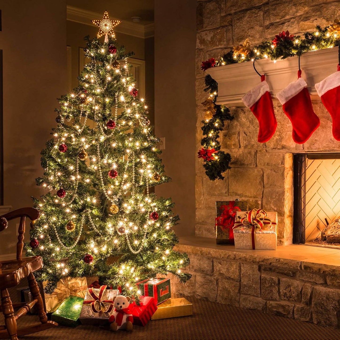 Battery Operated Christmas Lights, 33 FT 100 LED Mini String Lights with Timer and 8 Modes, Green Wire Outdoor Waterproof String Lights for Tree Xmas Indoor Holiday Party Garden Decor, Warm White