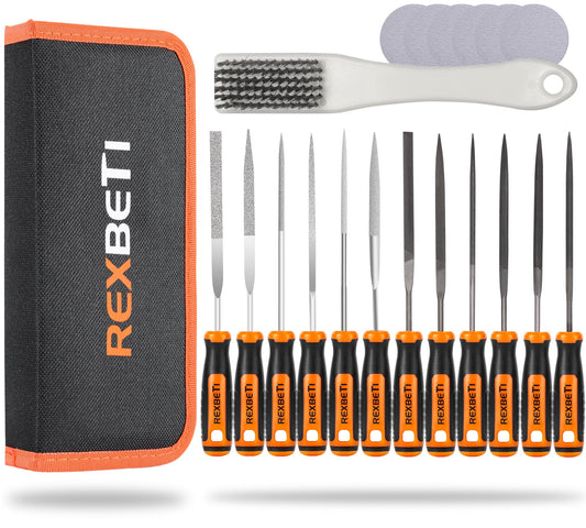REXBETI 25Pcs Metal File Set, Premium Grade T12 Drop Forged Alloy Steel, Flat/Triangle/Half-round/Round Large File and 12pcs Needle Files with Carry Case, 6pcs Sandpaper, Brush, A Pair Working Gloves
