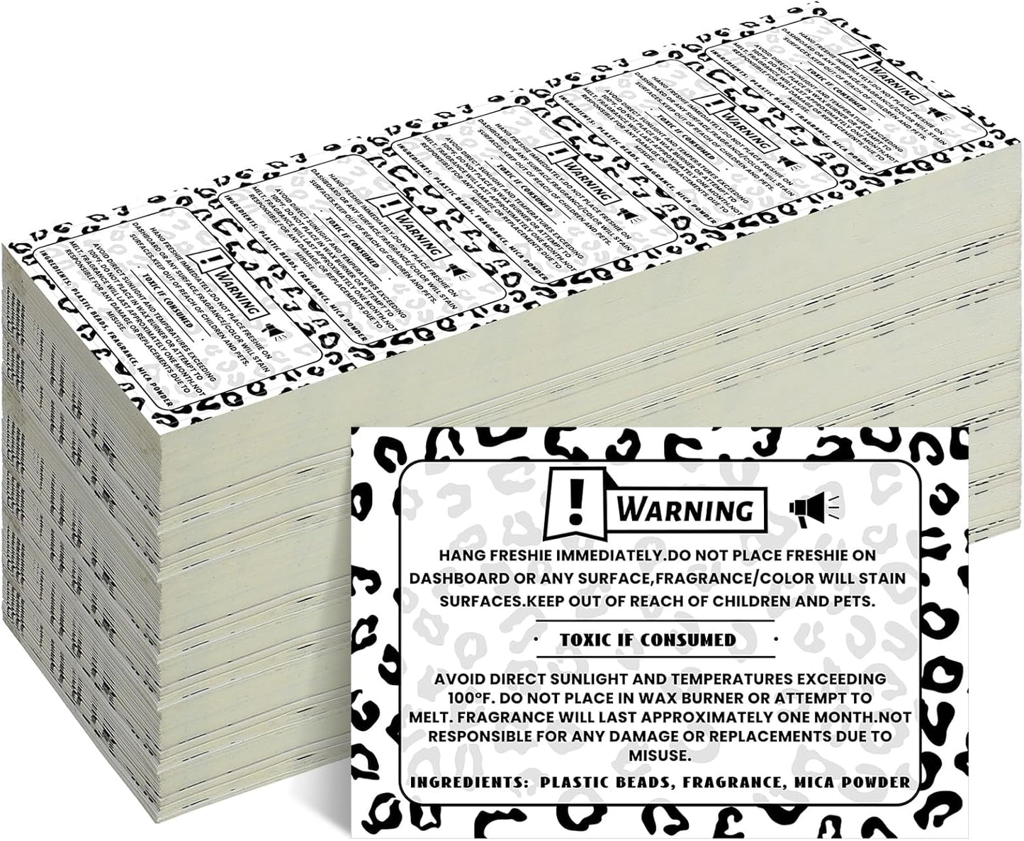 Yeaqee 500 Pcs Freshie Warning Label Stickers 2.25 x 1.25 Inches Waterproof Freshies Care Instructions Labels for Car Supplies DIY Crafts and Beads Silicone Molds with Leopard Background Design