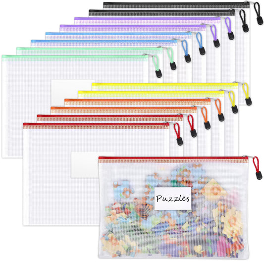 Sooez 20 Pack Mesh Zipper Pouch Bags, A4 Letter Size, Zipper Bags with Label Pocket, Waterproof Zipper Pouches for Classroom Organization, Board Game Storage, Document Bag for Office School Supplies