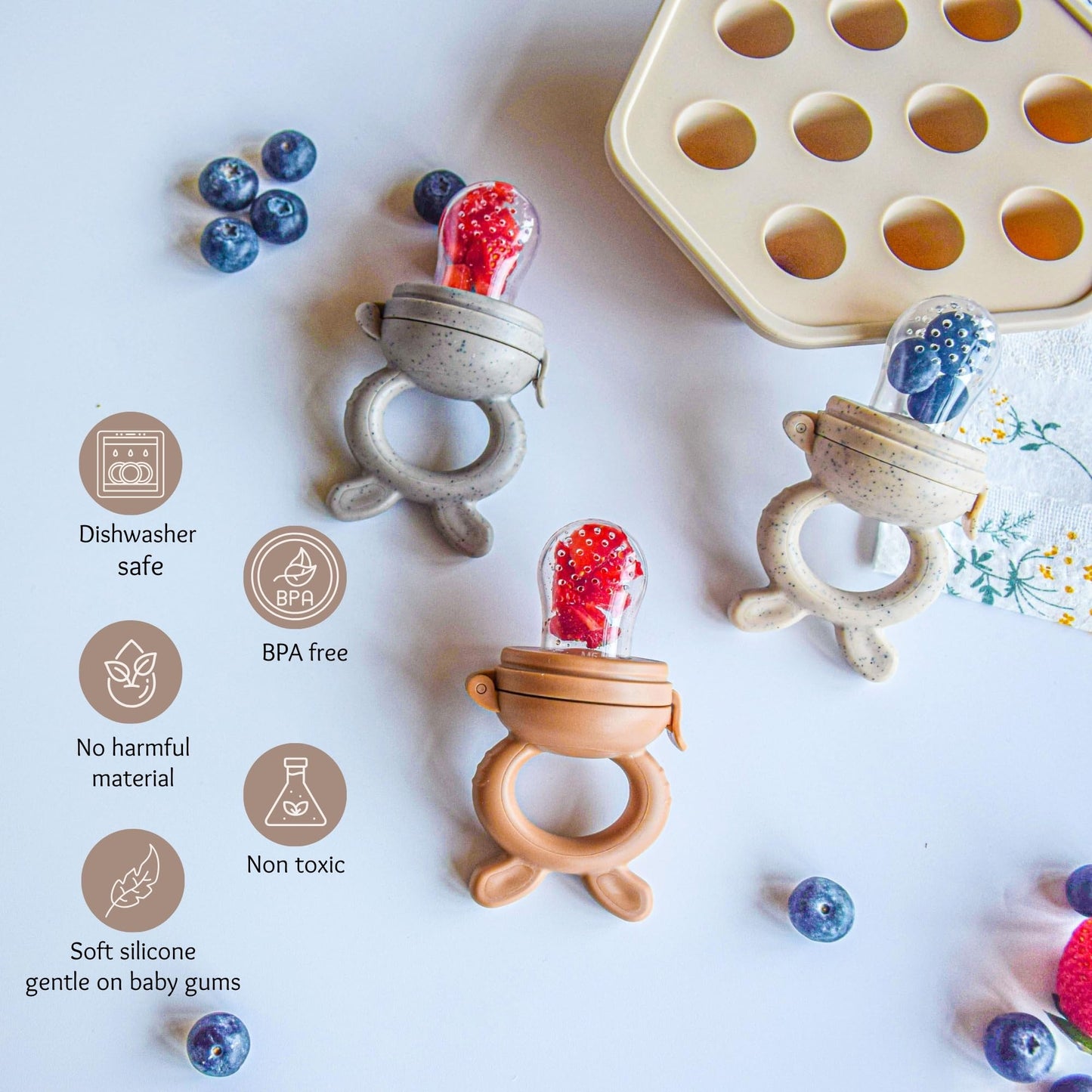 Cozinester Baby Fruit Feeder & Teething Relief | Baby Feeding Essentials | Innovative Baby Teething Relief Tool | BPA Free Breast Milk Popsicle Teether for Self Feeding | Includes 2 Pouches (Brown)