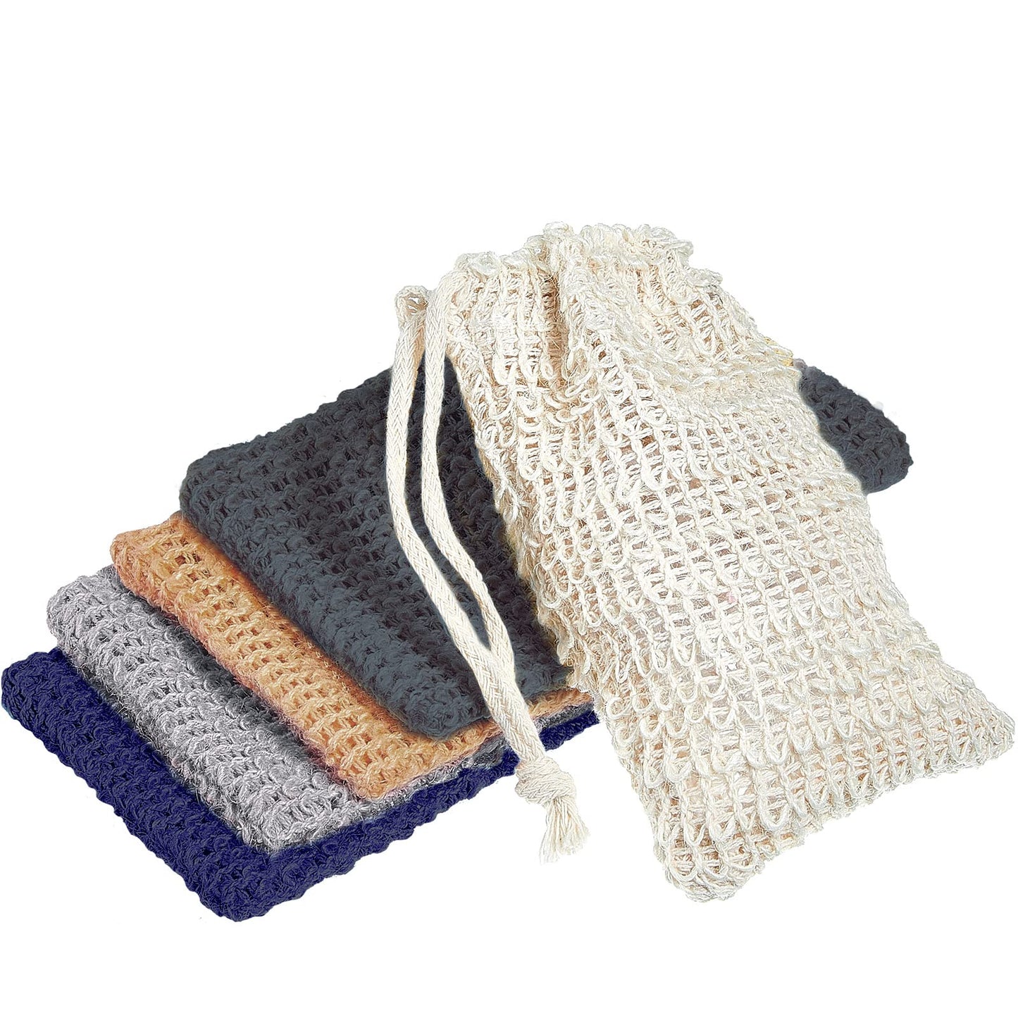 BBTO 5 Pieces Soap Saver Bag Natural Sisal Exfoliating Soap Pouch for Foaming and Drying, Shower, Scrubber(9 x 14 cm,White, Pink, Blue, Yellow, Orange)