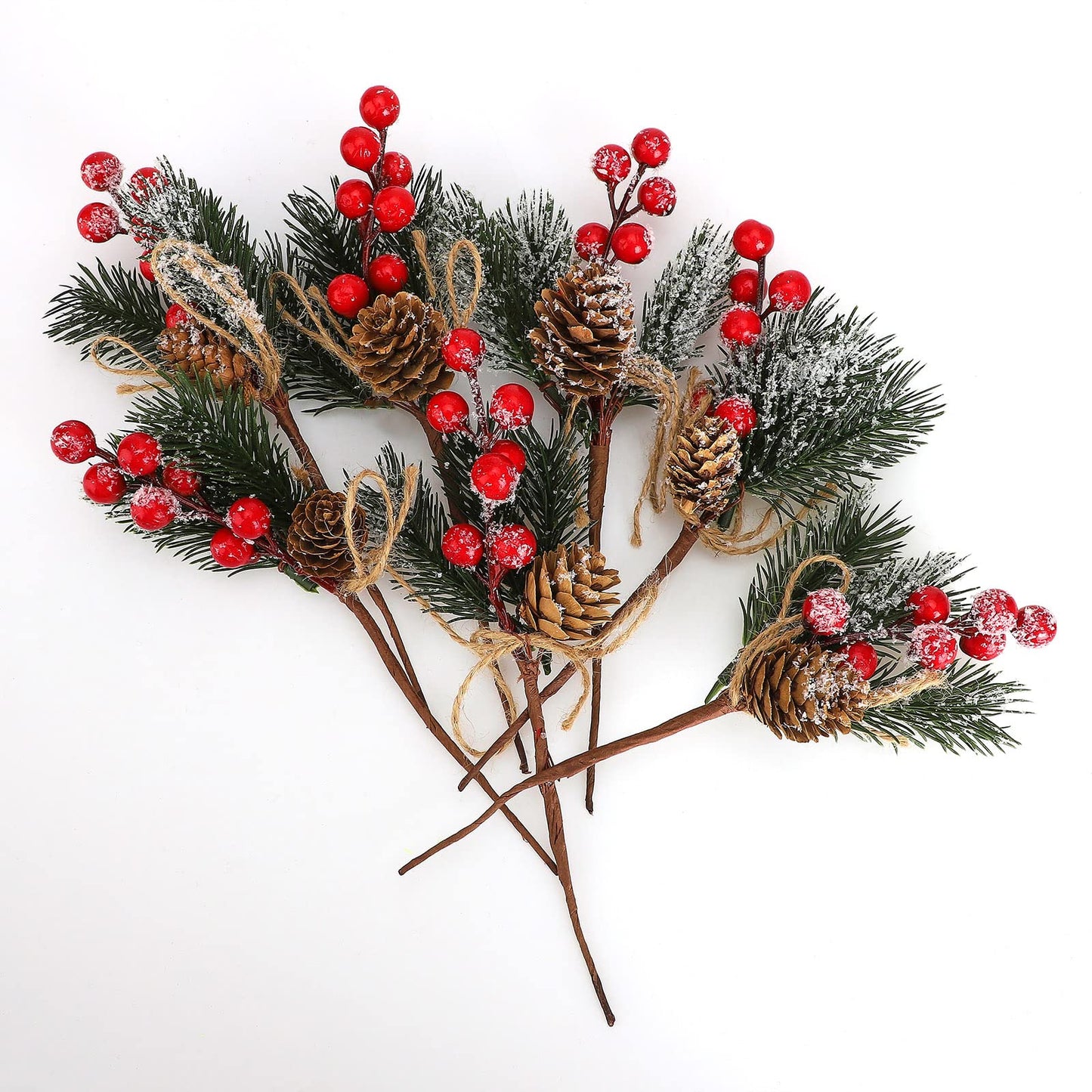 Artificial Red Berry Stems Pine Branches with Twine Bow,Christmas Pine Picks Fake Red Berry Wreath Picks, Christmas Trees Decoration Bouquets Garland Wreath Arrangements for Holiday Decor(10 Pack/red)