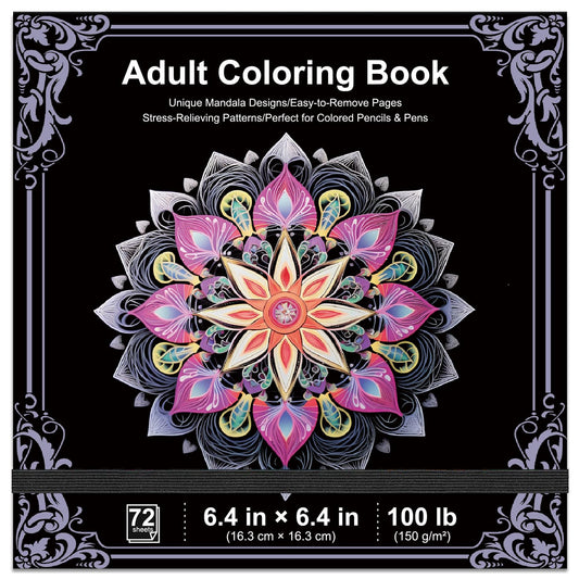 Adult Coloring Book, 72 Sheets Coloring Books for Adults Relaxation, 6.4 x 6.4 Inch, 110lb/150gsm Mandala Designs with Detachable Pages, Art Essentials for Calmness, Self-Reflection.