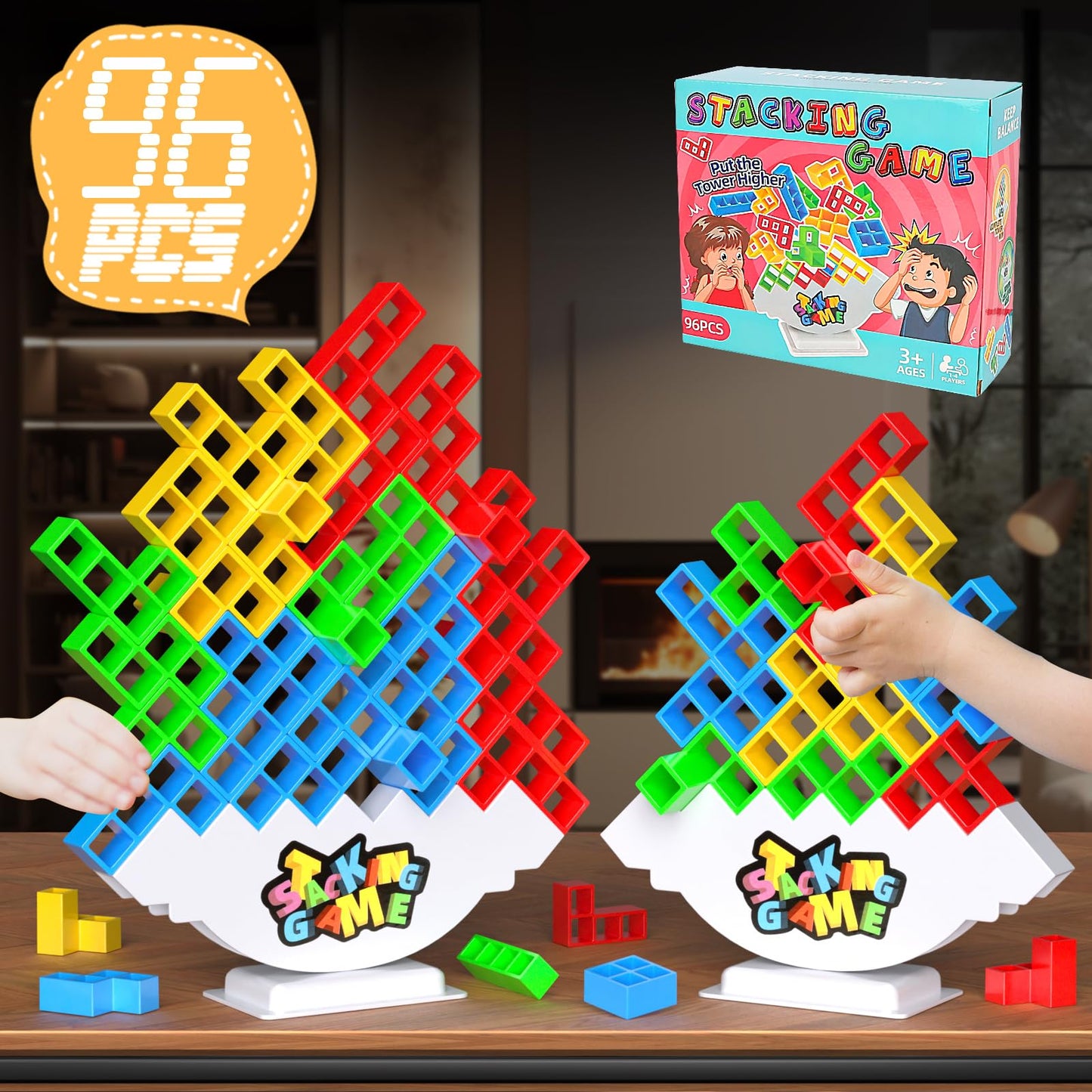 64PCS Stack Game for Adult & Kids, Tetra Board Tower Games for Family Travel Party, 2 Players Balance Stacking Toy, Team Toys Building Block