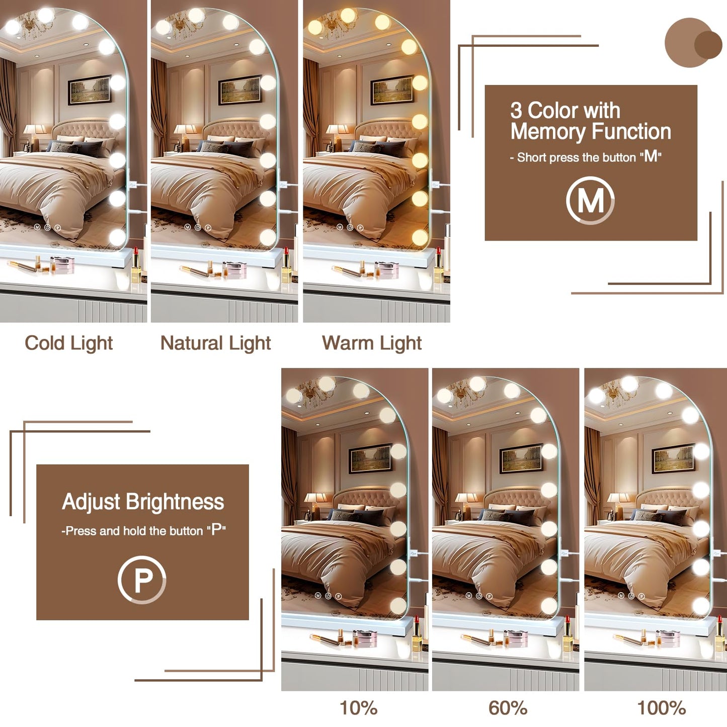 halumao Vanity Mirror with Lights, Hollywood Lighted Makeup Mirror with 15 Dimmable LED Bulbs for Dressing Room & Bedroom，Memory Function