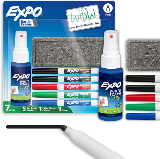 EXPO Low Odor Dry Erase Marker Set with White Board Eraser and Cleaner Fine Tip Dry Erase Markers Assorted Colors 7 Piece Set with Whiteboard Cleaner