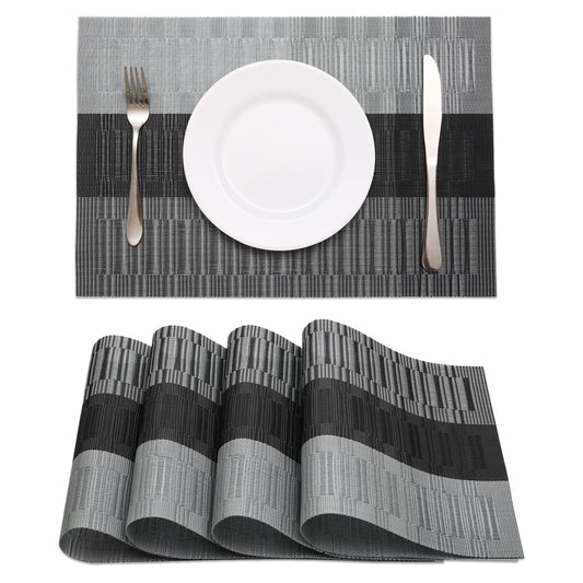 HeloHo Black Placemats Set of 4 Heat-Resistant Washable Place Mats Non-Slip Vinyl Woven Table Mats Wipeable Placemat for Kitchen Dining Table Decoration Indoor Outdoor