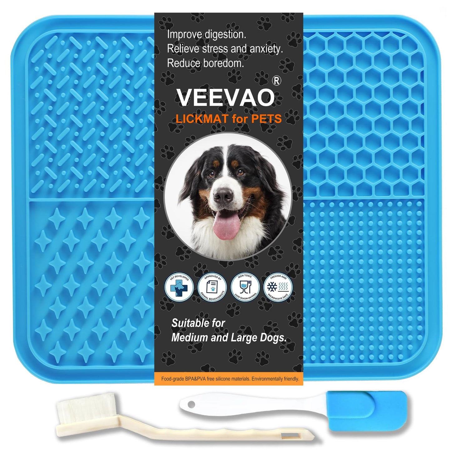 VEEVAO XL Lick mat for Large Dogs Breed, 12"×10" Food Grade Silicone Dog Lick Mat with Suction Cups, Lick Matts for Large Dogs Anxiety Reliever, Peanut Butter Lick Mat for Boredom Breaker (Blue)