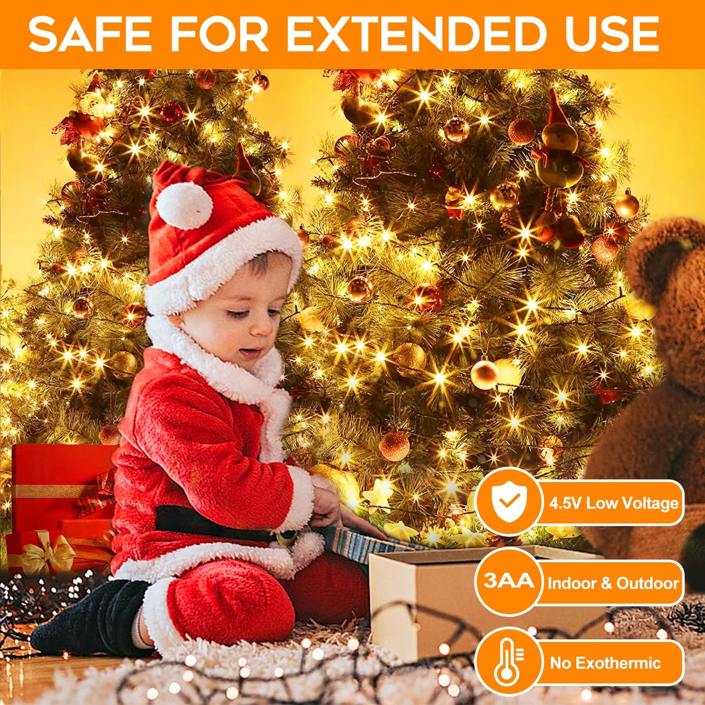 Battery Operated Christmas Lights, 33 FT 100 LED Mini String Lights with Timer and 8 Modes, Green Wire Outdoor Waterproof String Lights for Tree Xmas Indoor Holiday Party Garden Decor, Warm White