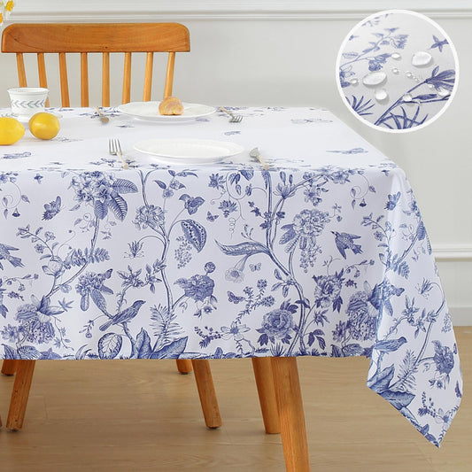 Honellaty Blue and White Floral Tablecloth 52 x 70 Inch, Vintage Rectangle Table Cloth, Spill-Proof Stain Resistant Decorative Fabric Table Cover for Dining, Party, Picnic