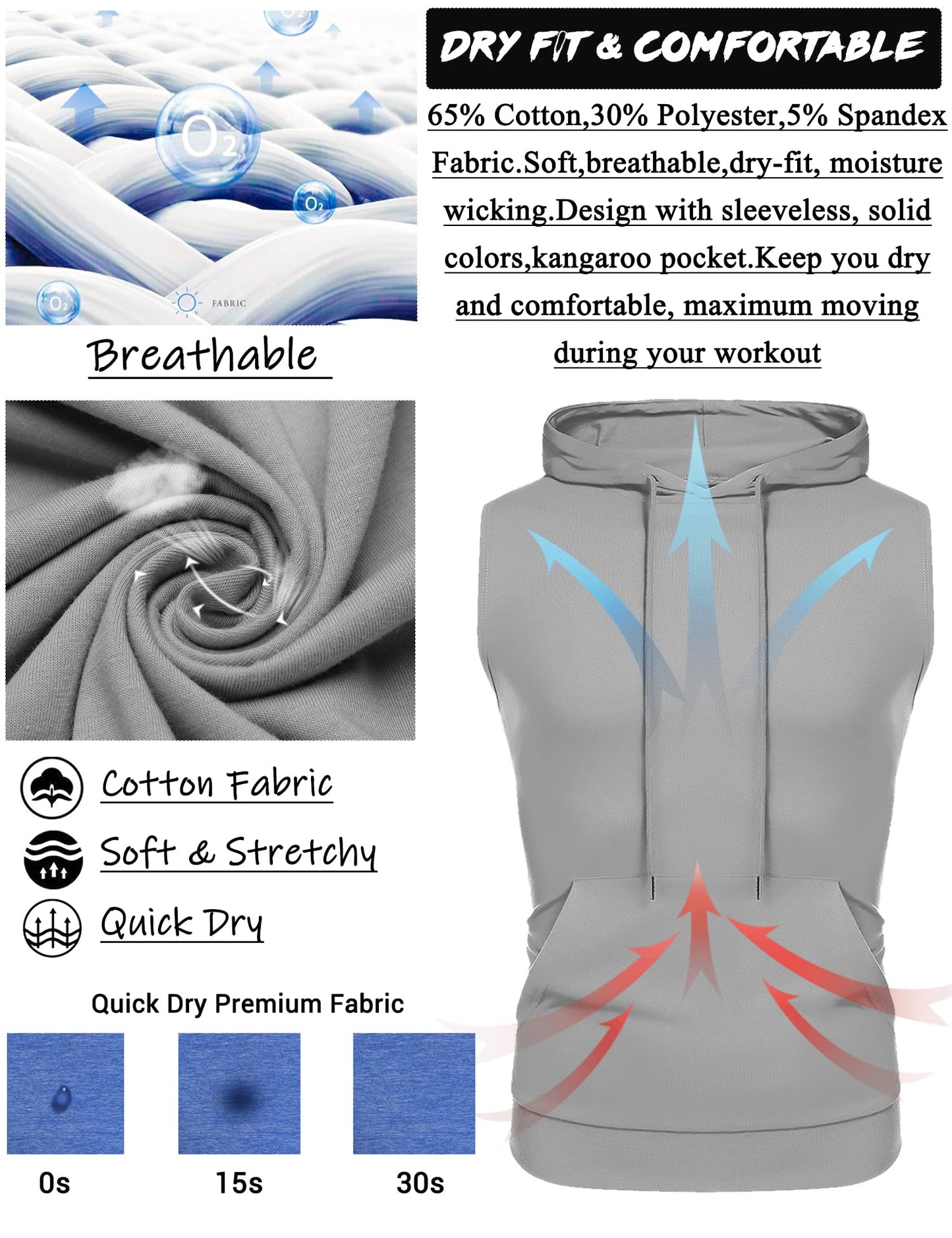 Amussiar Men's Fitness Sport Sleeveless Hoodie Vest Gym Running Training Hooded Tank Top Bodybuilding Cotton Muscles Shirt Grey