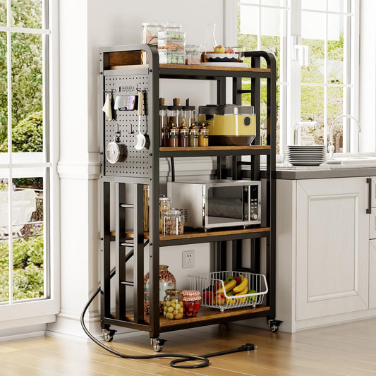 Kitchen Bakers Rack with Power Outlet,With pegboard Bakers Racks,Microwave Oven Stand with Storage 4 Tiers,microwave stand， for Living Room, Dining Room, Coffee Bar(Rustic Brown, 15.75x25.2x55)