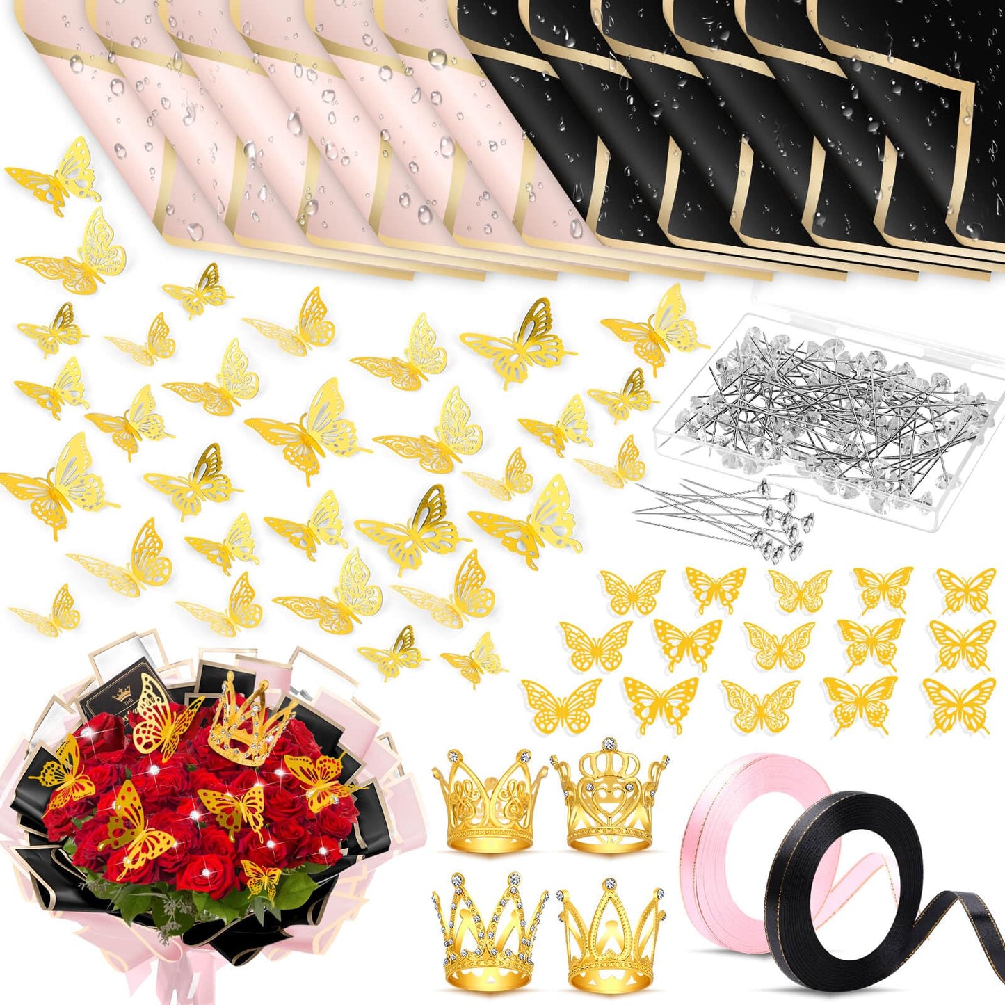 366 pcs Flower Bouquet Wrapping Paper,Waterproof Flower Floral Wrapping Paper Bouquet Sheets With Ribbons Pins 3D Butterflies and Crowns for Florist Wrap