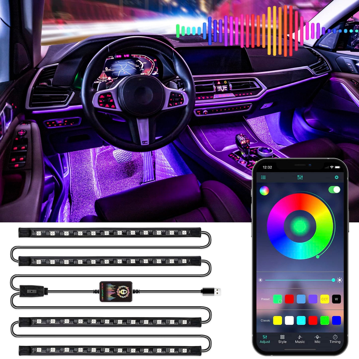 LivTee Accent Interior Car Lights, Smart Car Interior Lights with App Control, RGB LED Lights with Music Mode and DIY Mode, 2 Lines Design LED Lights for Cars with Charger, Car Accessories for Women