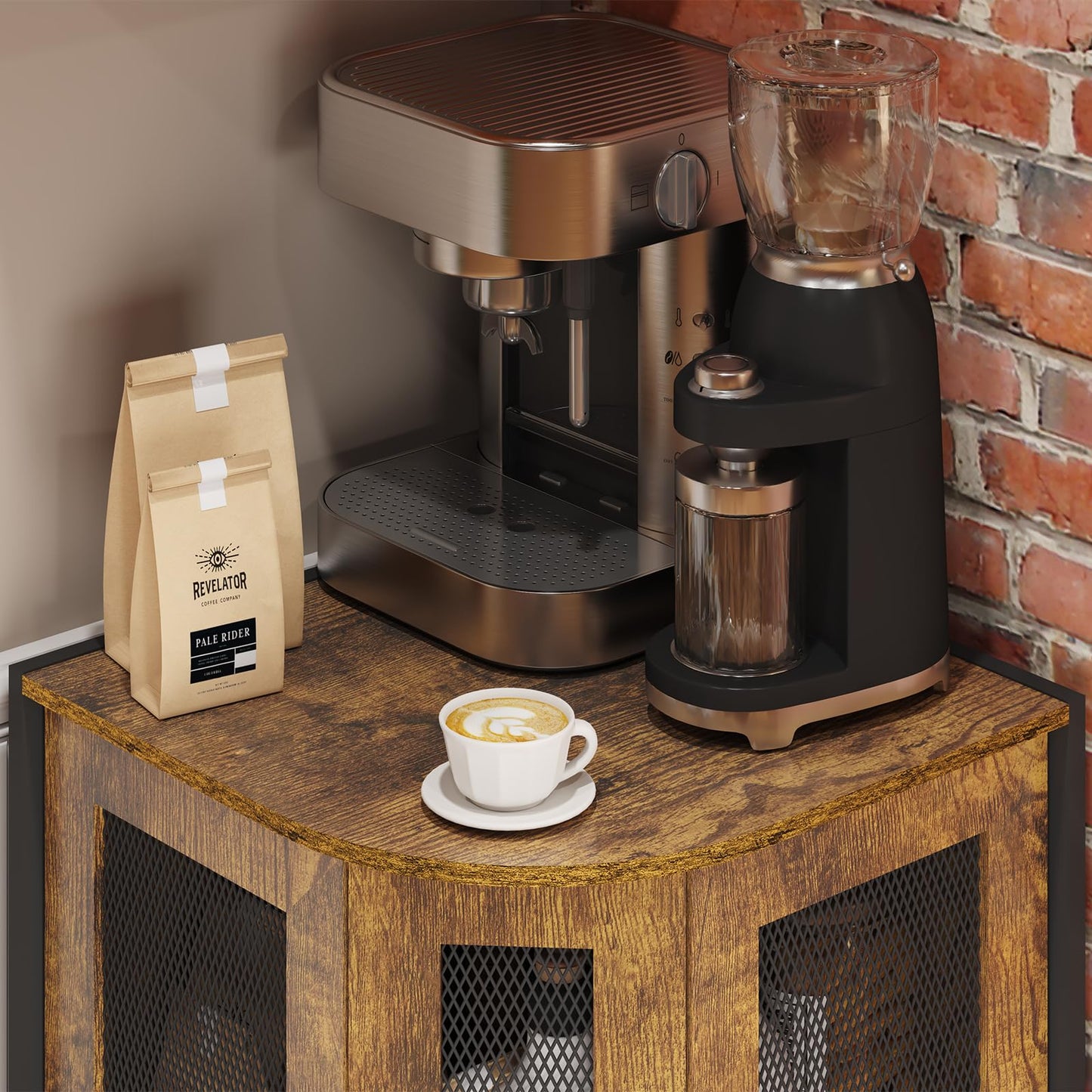 keomaisyto Coffee Bar Cabinet, 3-Tier Corner Coffee Cabinet with Storage Shelf & 18.7" Countertop, Rustic Wood Corner Bar Station with Magnetic Door for Kitchen/Entrance/Living Room/Dining Room