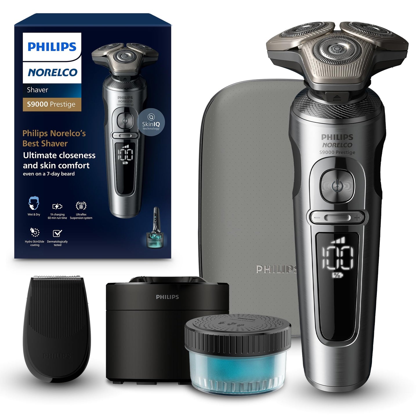 Philips Norelco S9000 Prestige Rechargeable Wet & Dry Electric Rotary Shaver with Precision Trimmer, Premium Case & Cleaning System, SP9841/84