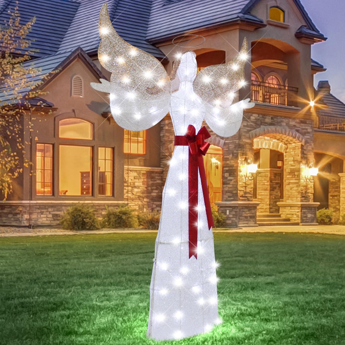 VIKIMORA 65" Lighted Angel Christmas Decoration, 3D Halo Angel with Golden Wings, White LED Lights, Outdoor/Indoor Use