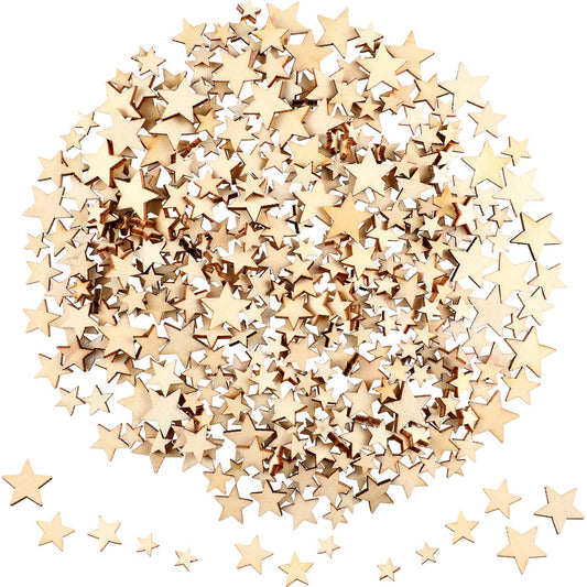 BBTO 400 Pieces Mini Wooden Stars for Crafts Mixed Size Bulk Small Wood Stars Cutout Ornaments Slices Embellishments Tags for DIY Crafts Wedding Party Christmas Decoration