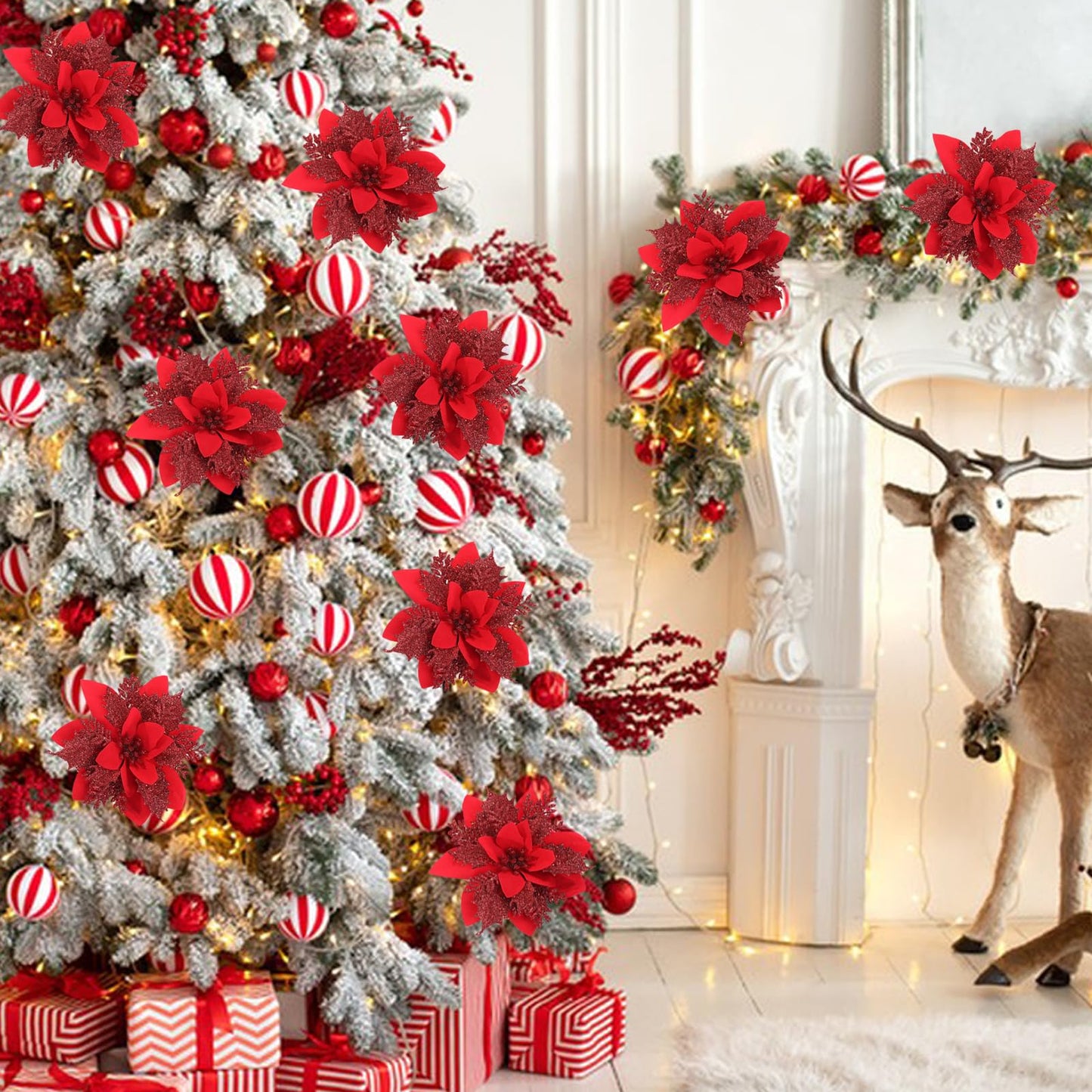 24 Artificial Red Poinsettia Flower Clips with Stems,Red Christmas Ornaments for Tree Decoration with Clips Stems Fake Poinsettias Flowers Home Party Christmas Decor