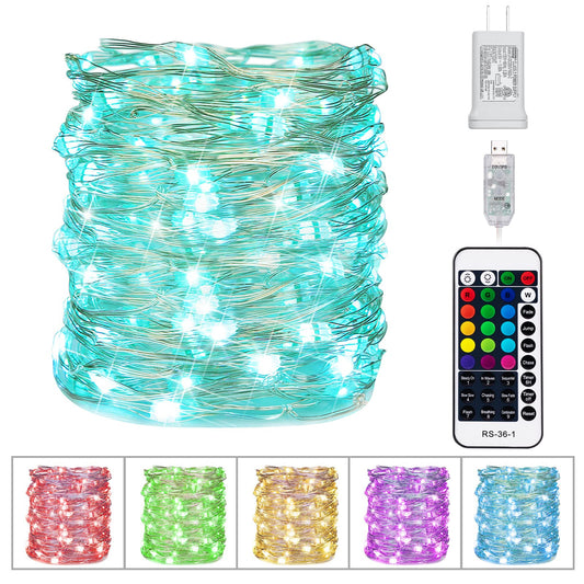 Minetom Color Changing Fairy String Lights - 33 ft 100 LED USB Silver Wire Lights with Remote and Timer, Starry Fairy Light for Bedroom Party Indoor Christmas Decoration, 16 Colors, Adapter Included