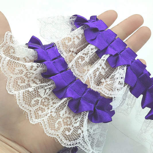 2 Yards Pink Lace Pleated Chiffon Lace Trims White Vintage Lace Ribbons for Bridal Wedding Decorations Sewing Supplies DIY Craft Handmade Costume Decoration - 1.8"Inch