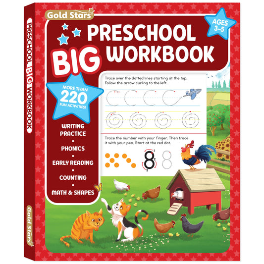 Preschool Big Workbook Ages 3 - 5: 320 Pages, Letter and Numbers Tracing, Early Math, First Writing, Phonics, Alphabet and more (Gold Stars)