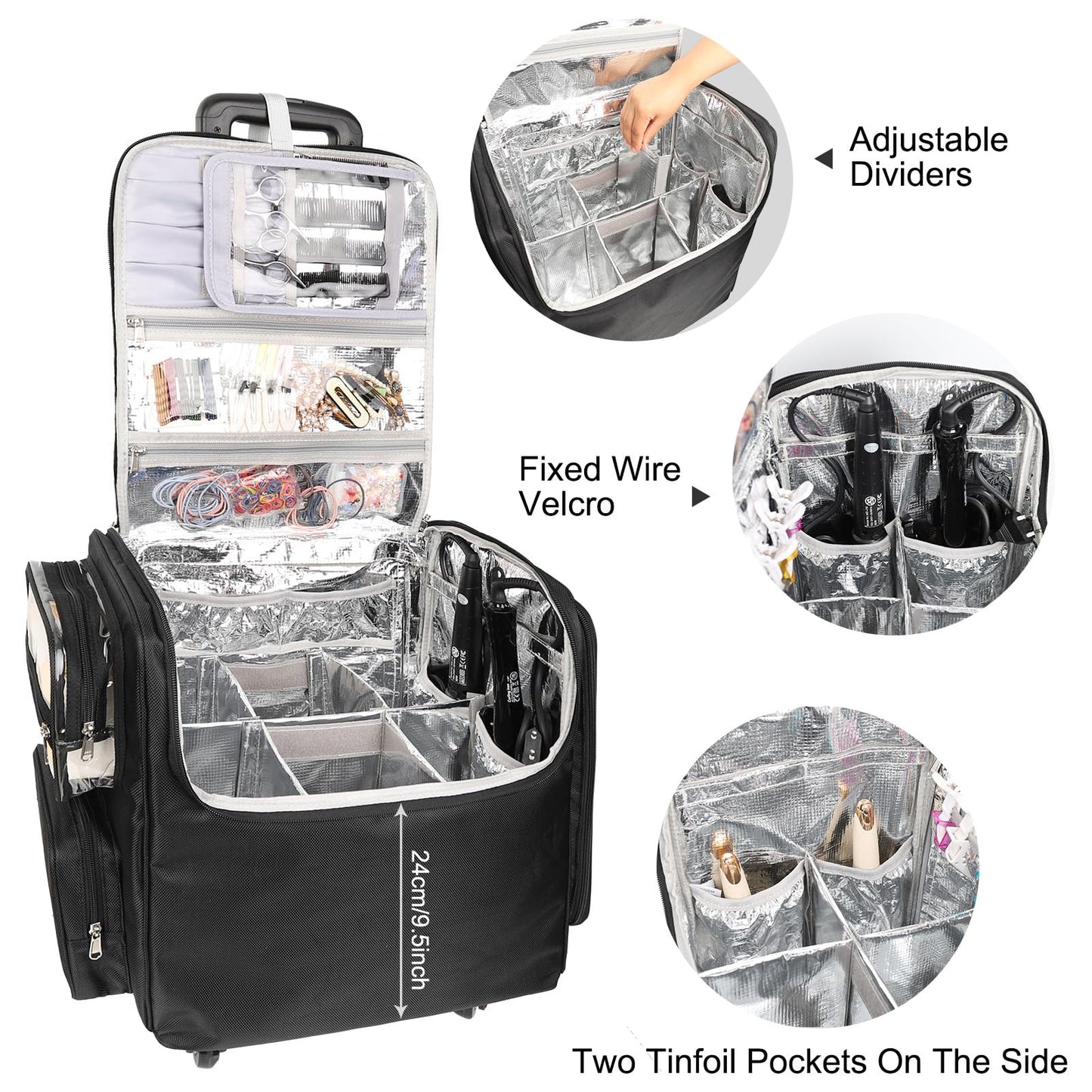 Relavel Rolling Makeup Train Case with Clear Makeup Brush Case, Hairstylist Traveling Bag with 4 Wheels, Heat Insulation Full Layer, Adjustable Dividers, Hair Tools and Cosmetics Storage Organizer