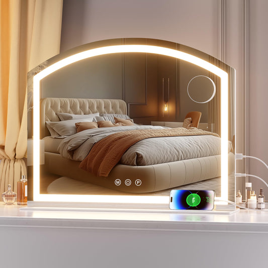 Hasipu Arch Vanity Mirror with Light, 28"x22" Arched Led Makeup Mirror with 10X Magnification, Tabletop Desk Mirrors with USB Charging Port, Dimmable 3 Colors Mode