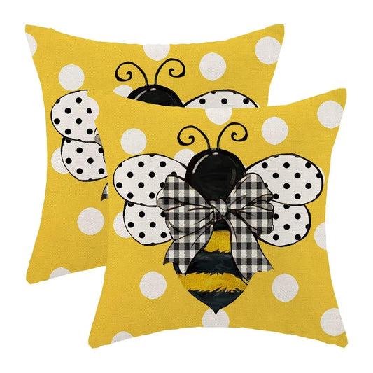 Yellow Bee Pillow Covers 20x20 Set of 2 Polka Dots Outdoor Decorative Throw Pillow Covers Summer Farmhouse Seasonal Linen Cushion Case for Home Sofa Couch Outdoor Decor
