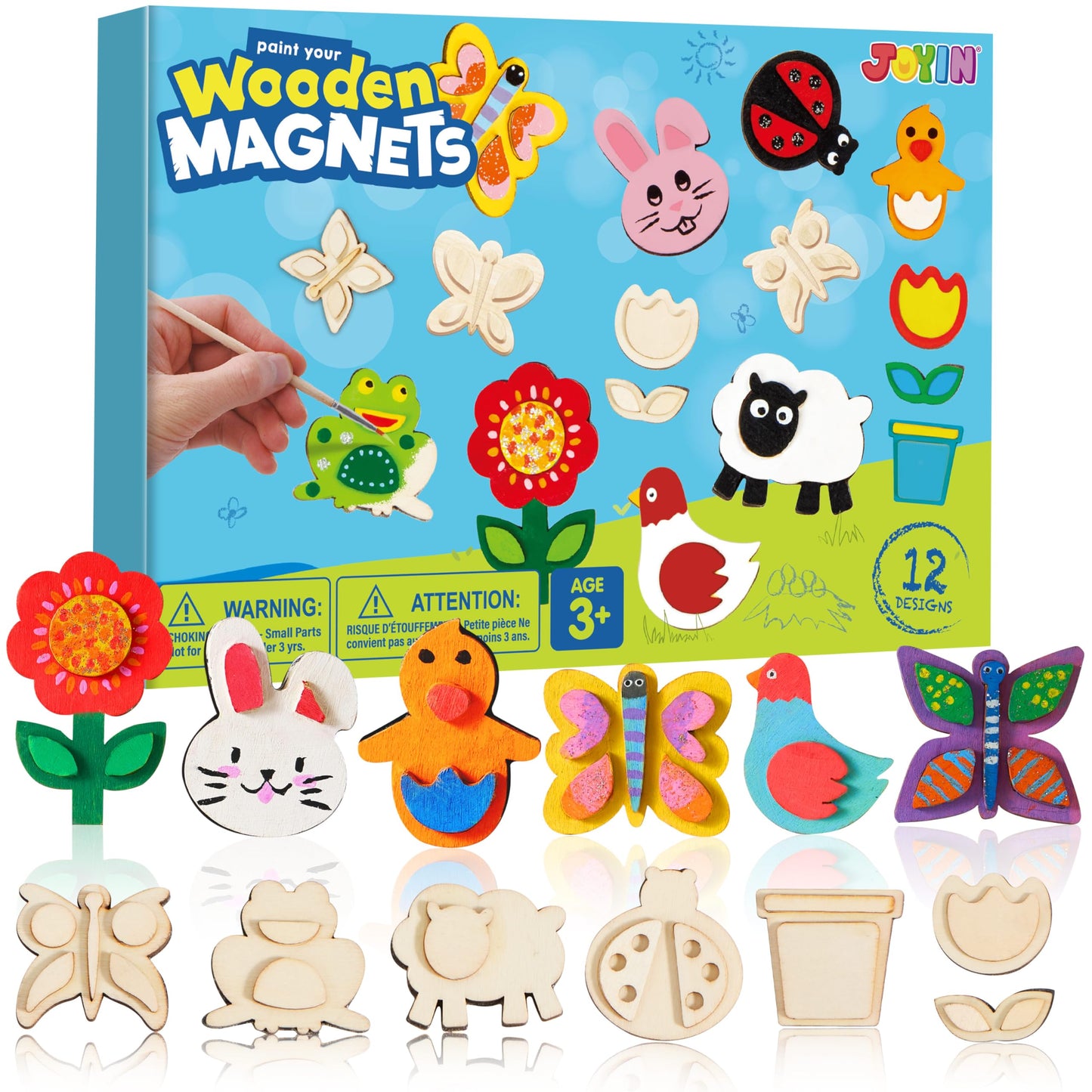 JOYIN 12 Wooden Magnet Creativity Arts & Crafts Painting Kit for Kids, Decorate Your Own Painting Gift for Easter Basket Stuffers, Birthday Parties and Family Crafts, Party Favors for Boys Girls