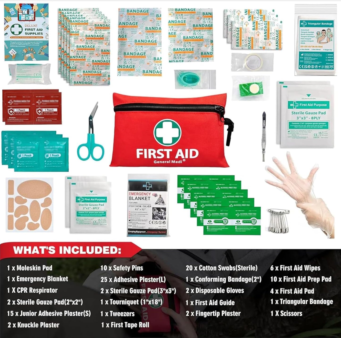General Medi Mini First Aid Kit, 110 Piece Small First Aid Kit - Includes Emergency Foil Blanket, Scissors for Travel, Home, Office, Vehicle, Camping, Workplace & Outdoor (Red)