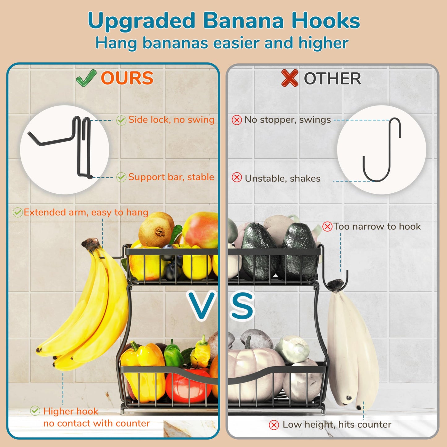 Zurklulu 2-Tier Fruit Basket for Kitchen Counter with 2 Banana Hangers – Metal Fruit Bowl for Onion, Vegetable, Snacks, Breads Storage – Countertop Organizer – Black, Large