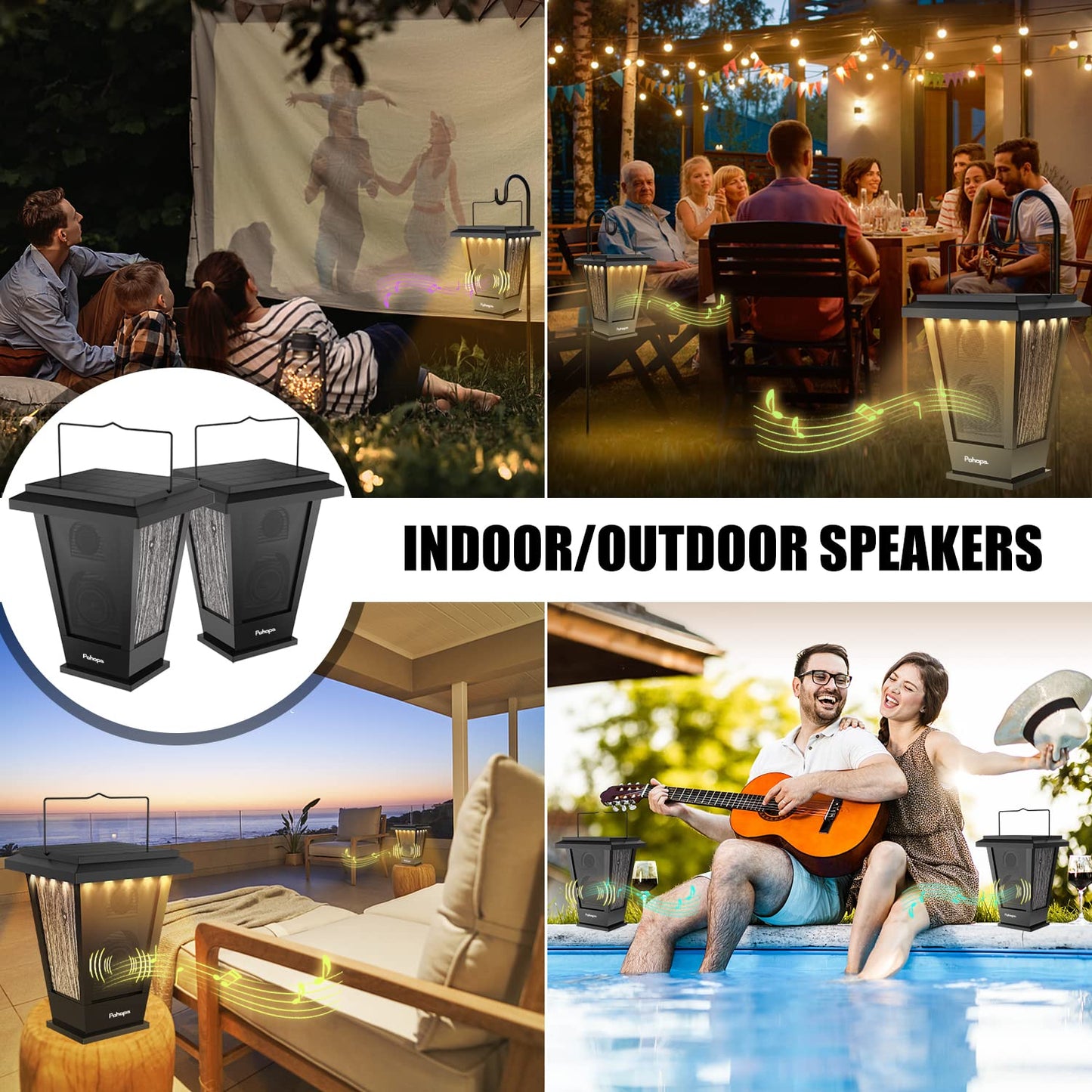pohopa Bluetooth Speakers Waterproof, Solar Powered 2 Packs True Wireless Stereo Sound 20W Dual Pairing Lantern Indoor Outdoor Speakers with 20 Piece LED Lights, Richer Bass, Black