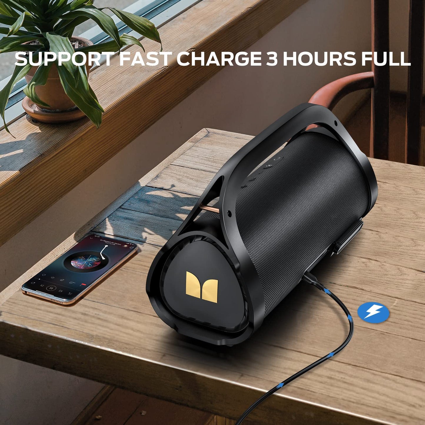 Monster Adventurer Max Portable Bluetooth Speaker, IPX7 Waterproof Wireless Speaker with Double Subwoofer Rich Bass, 100W Stereo Loud Sound with 24H Playtime for Outdoor, Beach, Gold