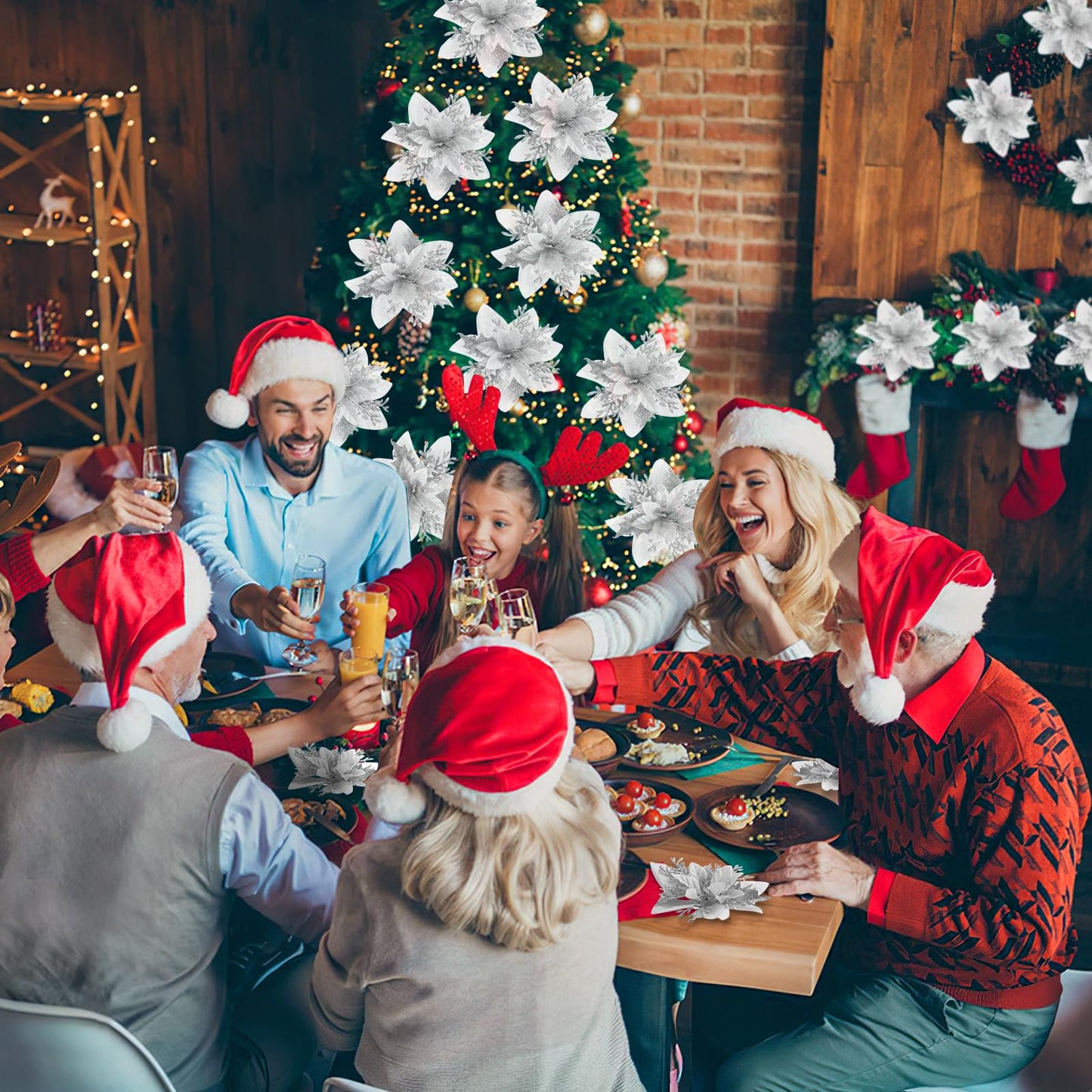 14PCS Christmas Tree Decorations Poinsettias Artificial Flowers-5.5“ Glitter Poinsettia Artificial Flowers with 14pcs Clips Glitter Poinsettia Christmas Ornaments for Xmas Party Ornaments and Decor