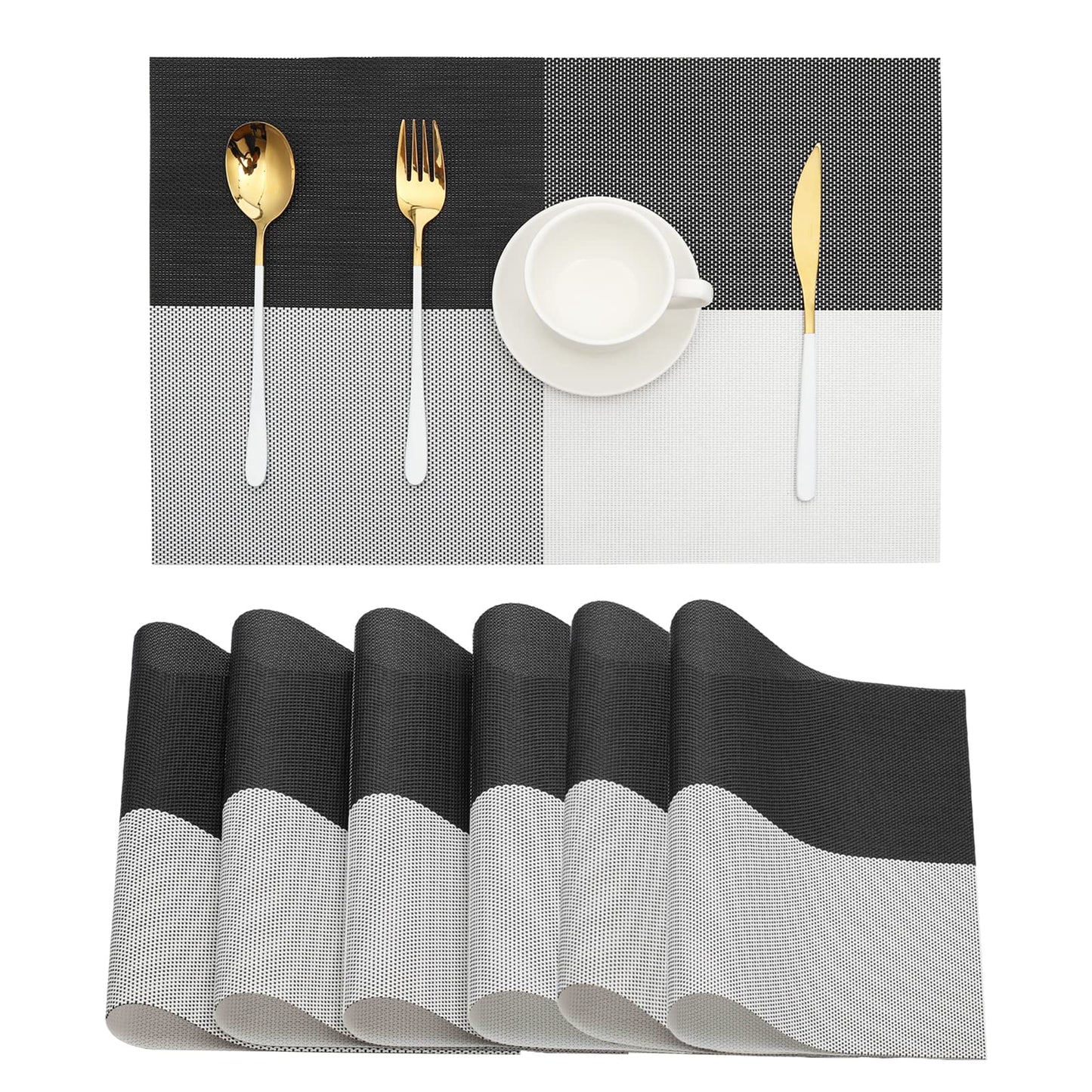 HeloHo Placemats Set of 6 Black and White Placemats Heat-Resistant Washable Vinyl Woven Table Mats Wipeable Placemat for Kitchen Dining Table Decoration Indoor Outdoor