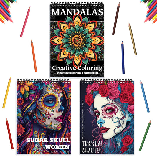 3Pcs Coloring Books for Adults Relaxation, 72 Patterns Sugar Skull Coloring Book for Adults, Mandala Coloring Book for Women, Spiral Coloring Books for Women Spiral Bound Printed On One Side