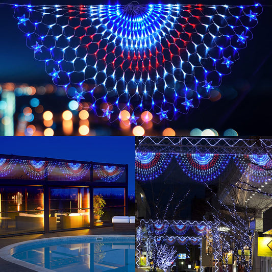 Family Patriotic American Flag String Lights - 250 LED Half Fan Shaped Outdoor Waterproof Lights, 4th of July Decorations, Independence Day, Memorial Day, USA