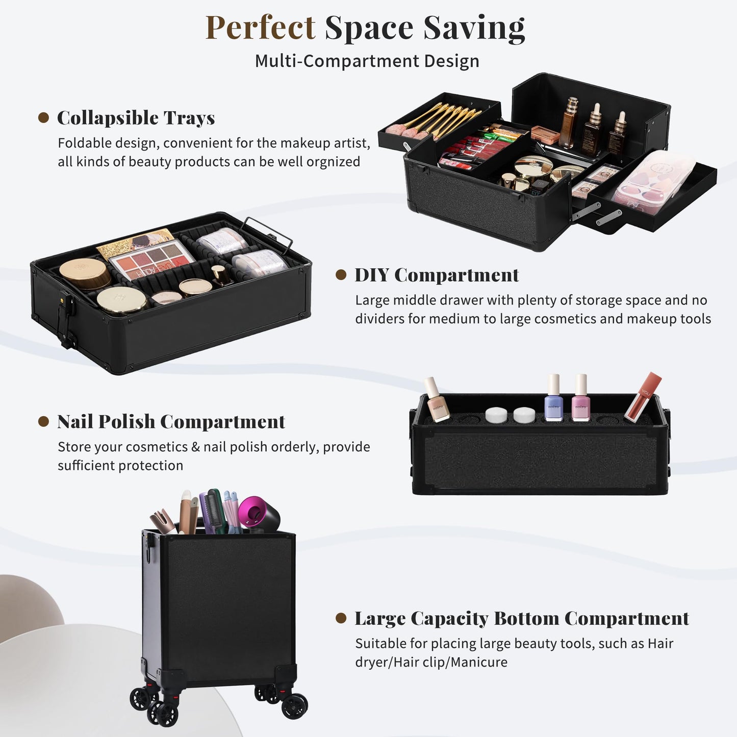 JINGUAN Rolling Makeup Train Case Large Storage Cosmetic Trolley 5 in 1 Large Capacity Trolley Makeup Travel Case with Key Swivel Wheels Salon Barber Case Traveling Cart Trunk, Black