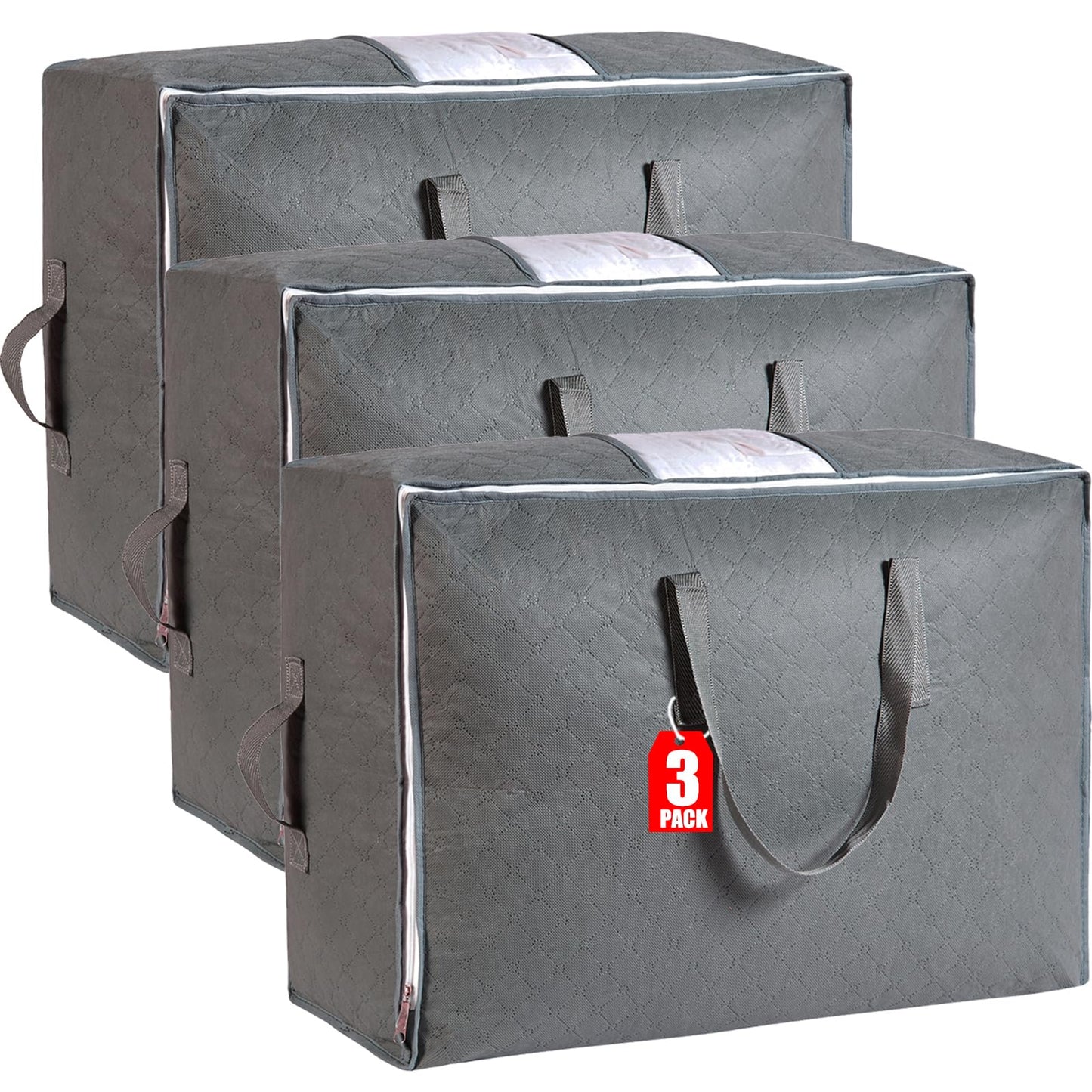 105L Extra Large Storage Bags for Blankets, King Comforters, Bedding, Clothes, Pillows, Sheets - Closet Organizers and Storage with 4 Handles & Clear Window, Foldable & Breathable (Grey, 3pack)