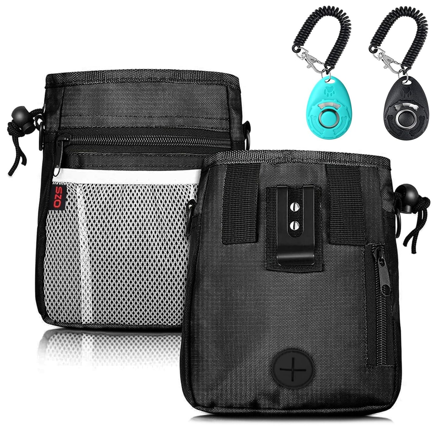 Dog Treat Pouch - 3 Ways to Wear Treat Pouches for Pet Training and 2 Pieces Clicker Taining for Dogs, Dog Training Treat Pouch Bag and Dog Clicker for Training with Waist Belt Shoulder Strap - Black