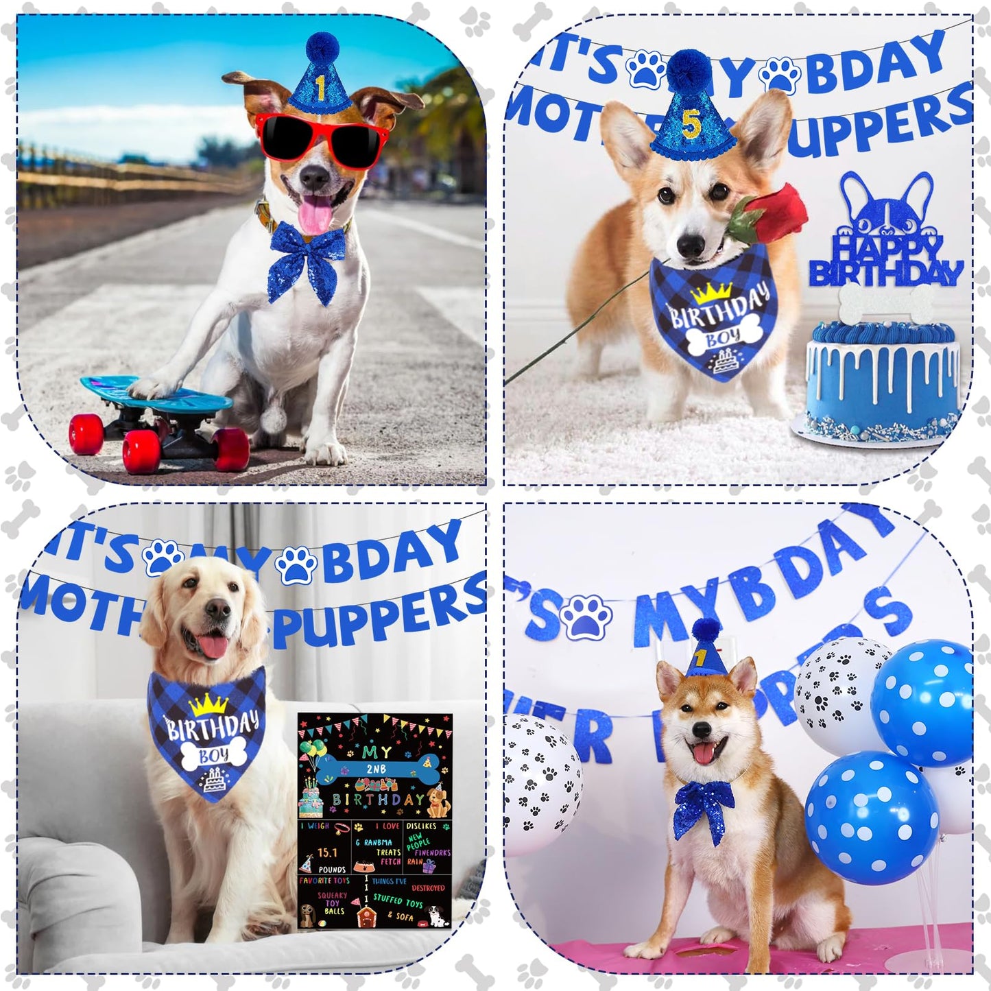 Blue Dog Birthday Party Supplies Pet Birthday Bandanas Boy Doggy Birthdays Hat Bow Tie Greeting Card Numbers It’s My Bday Mother Puppers Sign Banner for Medium Large Pets