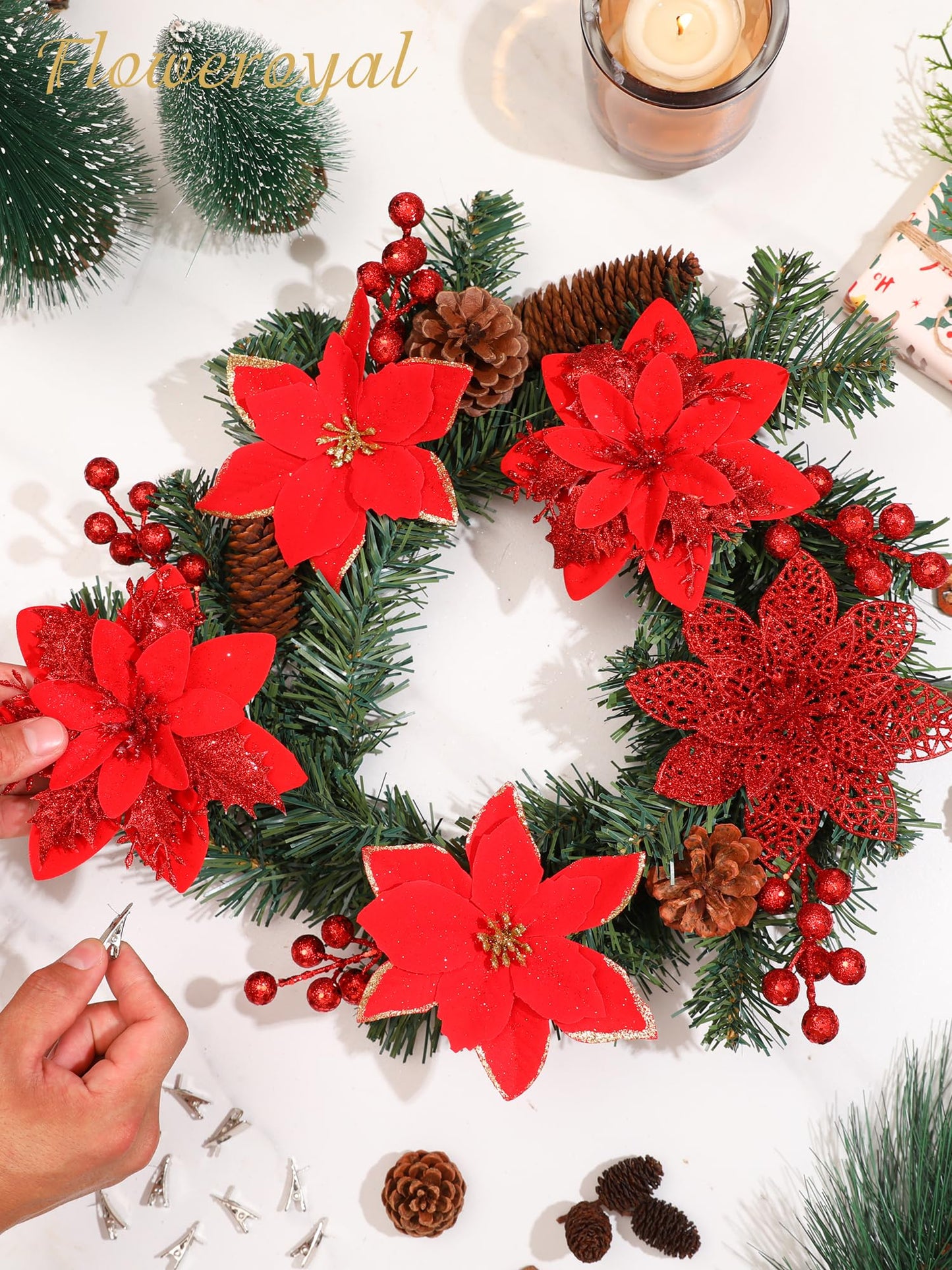 Floweroyal 30pcs Poinsettia Artificial Christmas Flowers Decorations with Clips and Berry Stems Glitter Ornaments for Christmas Tree Wreath Fireplace Stairs Decor (Red-3 Styles)