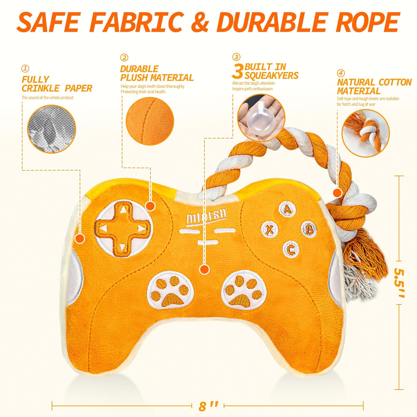 MTERSN Plush Dog Toy : Interactive Squeaky Dog Toys with Crinkle Paper and Gaming Controller Shape Dogs Rope Toys - Funny Pet Chew Toys with 3 Squeakers for Puppy, Small, Medium, Large Dogs (Yellow)