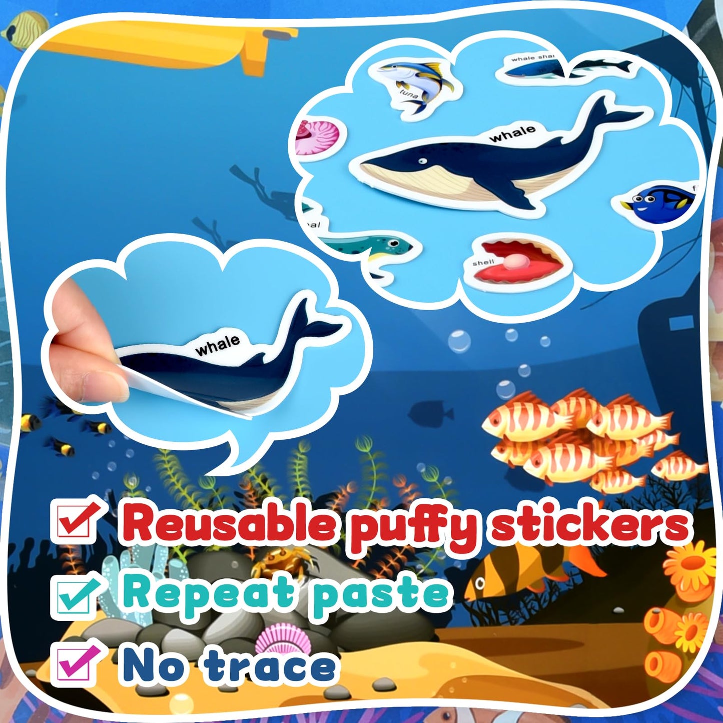 ASTARON 6 Pack Reusable Puffy Sticker Books for Kids 3-6, Jelly Sticker Game Educational Sensory Learning Toy, Portable Travel Toys and Busy Book for Toddlers